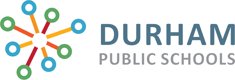 Durham Public Schools Logo - Muted blue and gray sans-serif type with colorful network icon to left
