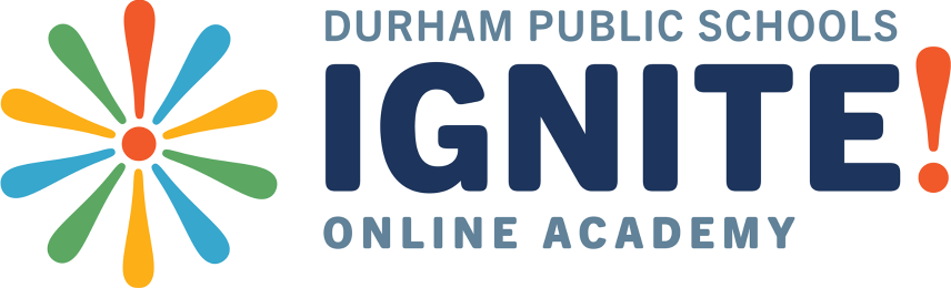 Durham Public Schools Ignite Logo - Muted blue and navy blue sans-serif type with colorful burst icon to left